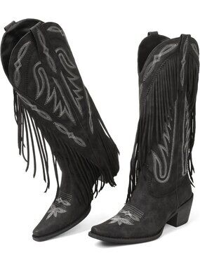 Women Black Leather Pull On Block Chunky Suede Fringe Cowboy Pointed Toe Boot